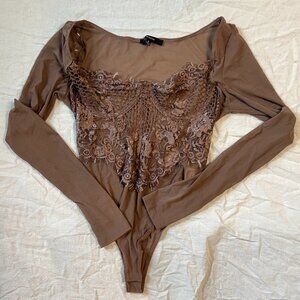 Lace and Mesh Brown Body Suit